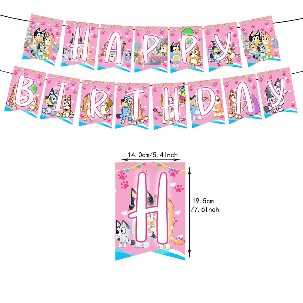 BLY2 Balloons Happy birthday KIDS banner party decor cake topper dogs pink