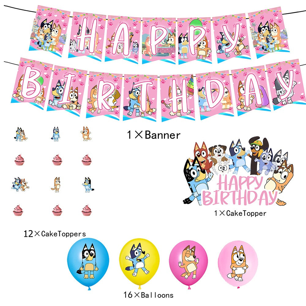 BLY2 Balloons Happy birthday KIDS banner party decor cake topper dogs pink