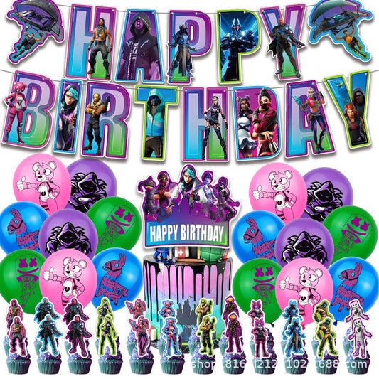 Fortnite1 Happy Birthday banner Balloons cake topper set 4