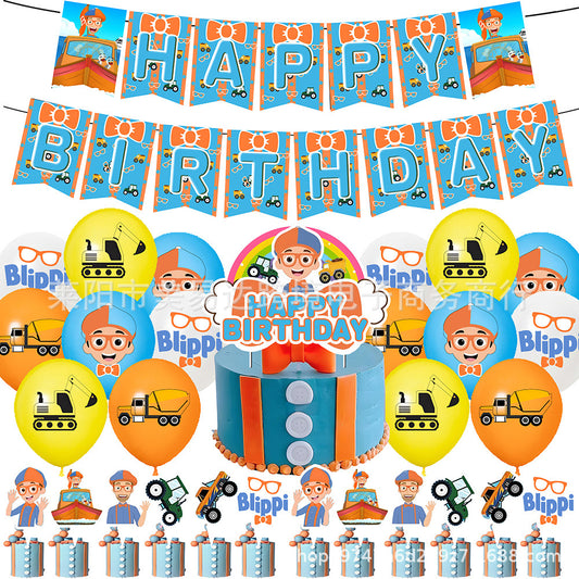 Blippi Happy Birthday banner Balloons cake topper set
