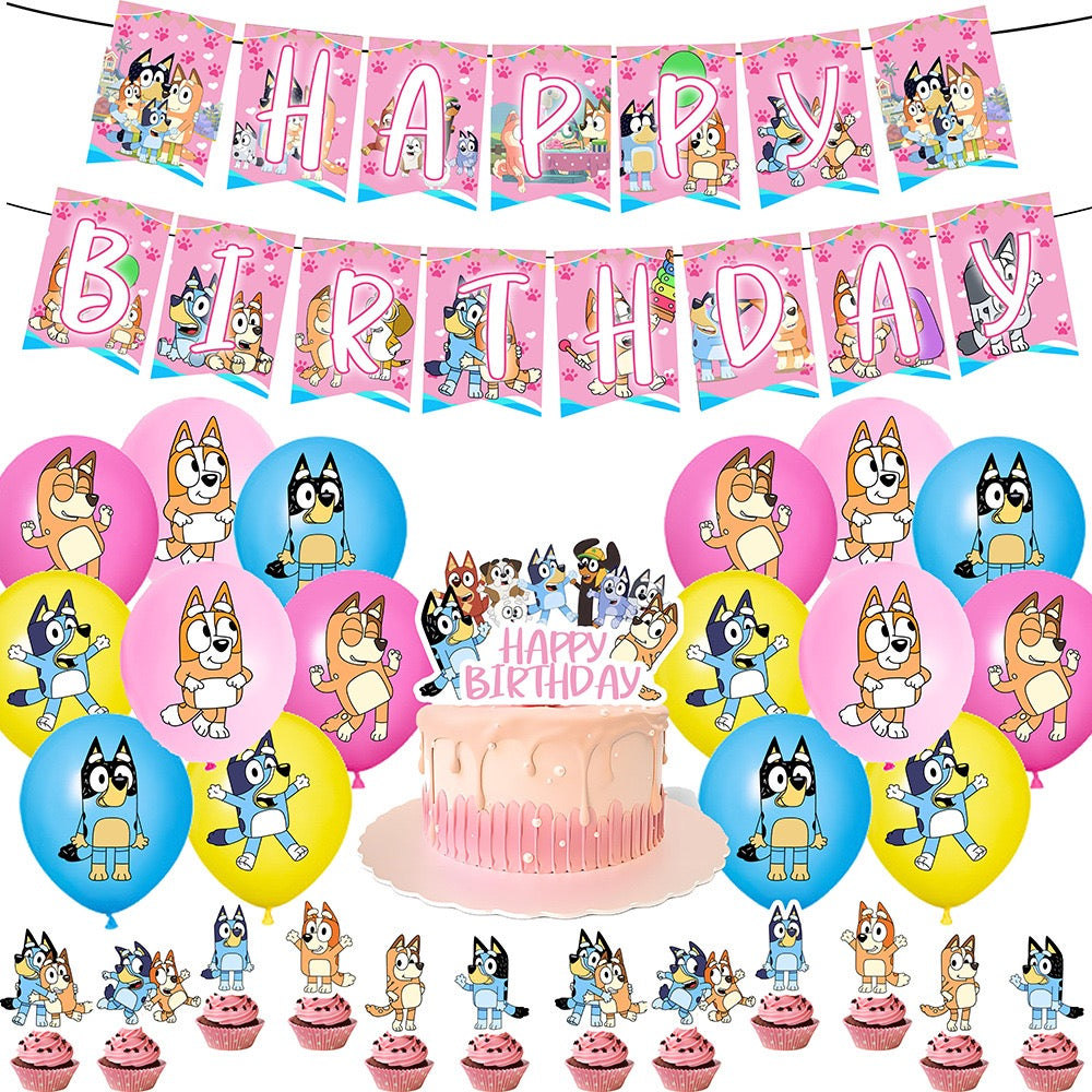 BLY2 Balloons Happy birthday KIDS banner party decor cake topper dogs pink
