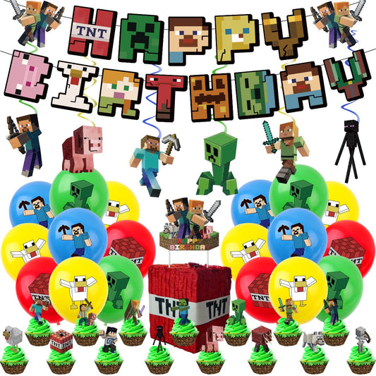 MINECRAFT 2 kids Happy birthday banner balloon party set cake topper fun AU STOCK