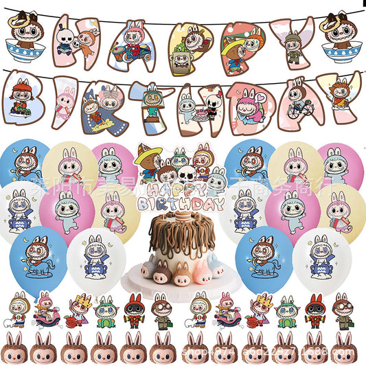 LABUBU2 Balloons Happy birthday KIDS banner party decor cake topper