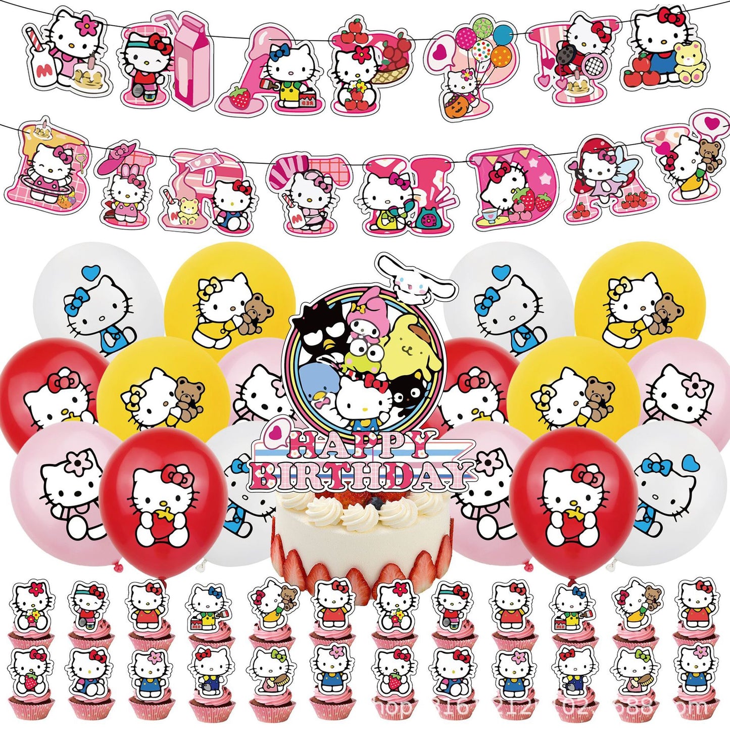 hello kitty Balloons Happy birthday KIDS banner party decor cake topper