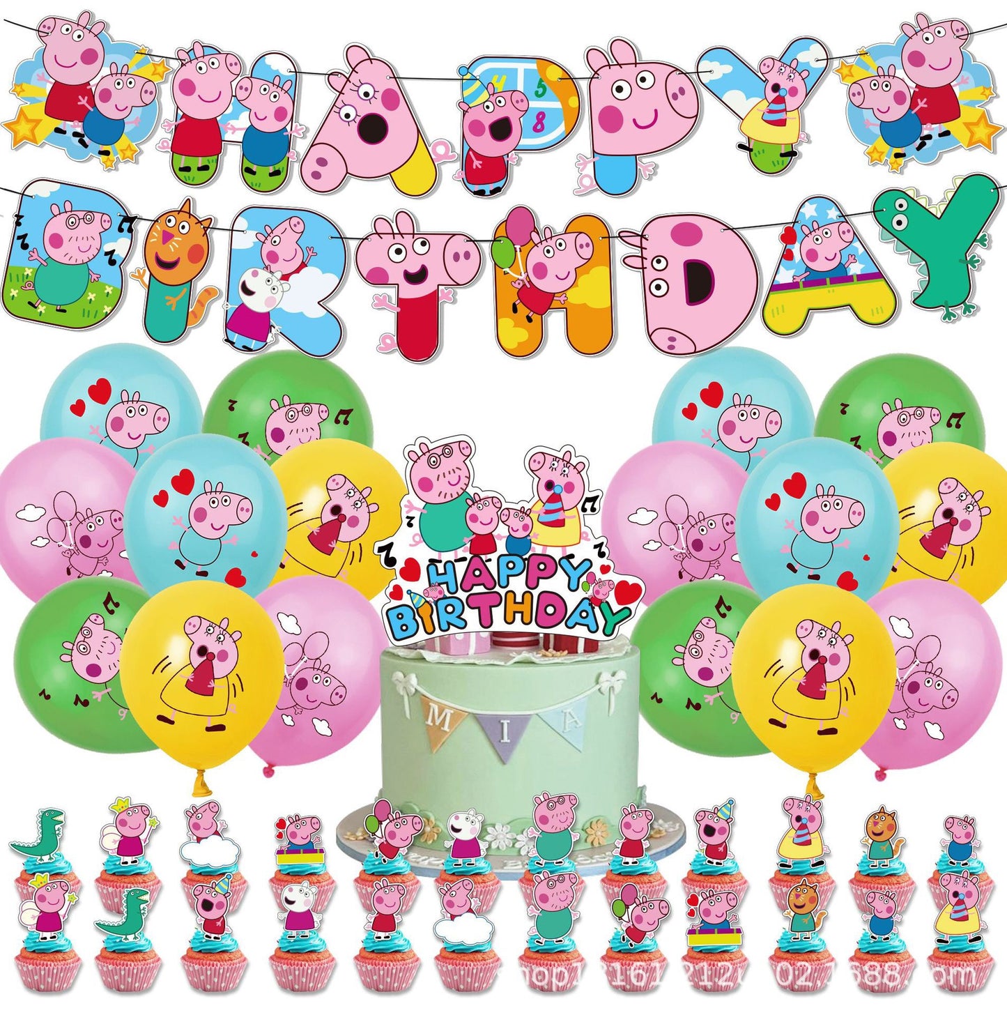 Peppa pig Balloons Happy birthday KIDS banner party decor cake topper