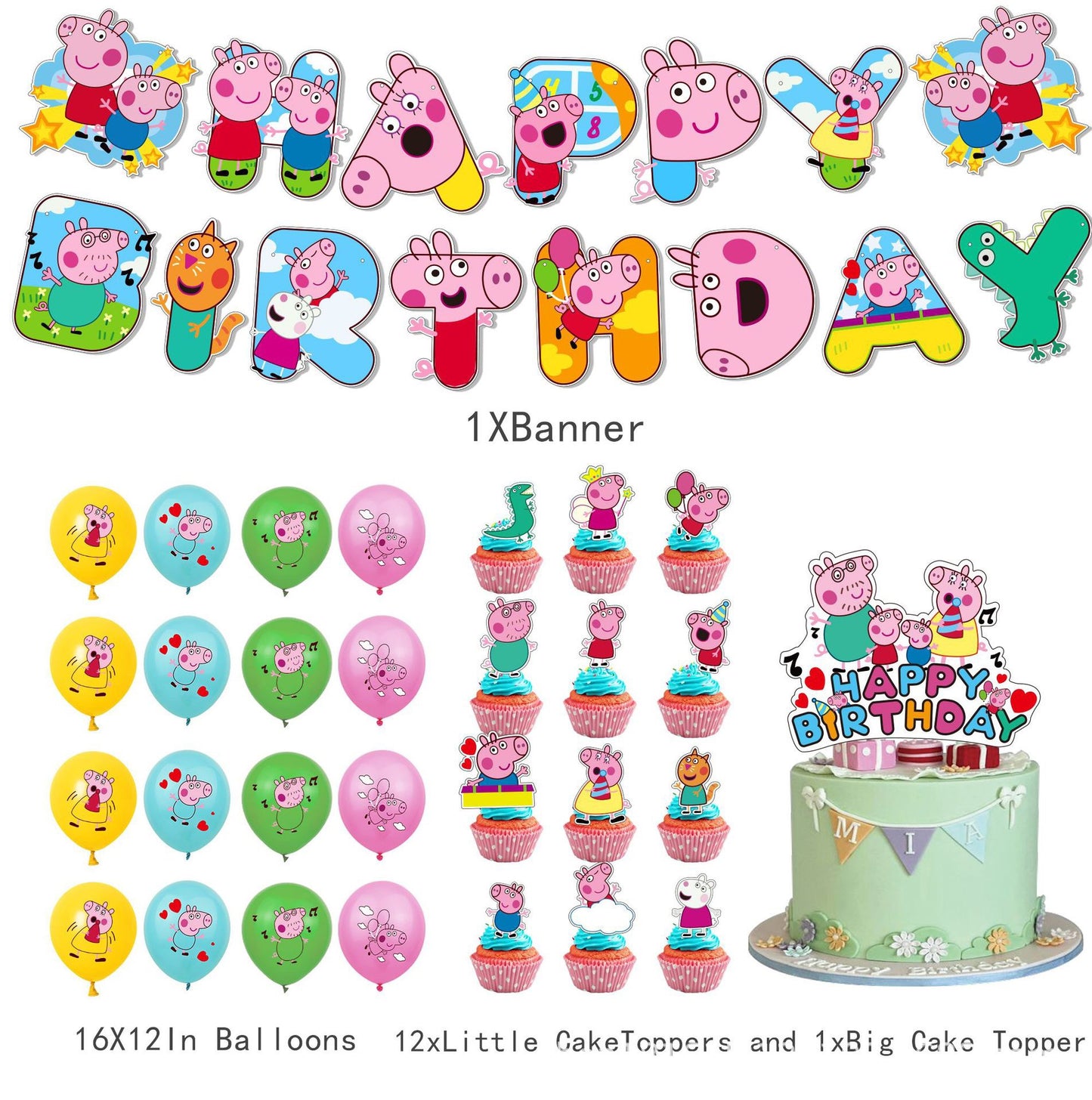 Peppa pig Balloons Happy birthday KIDS banner party decor cake topper