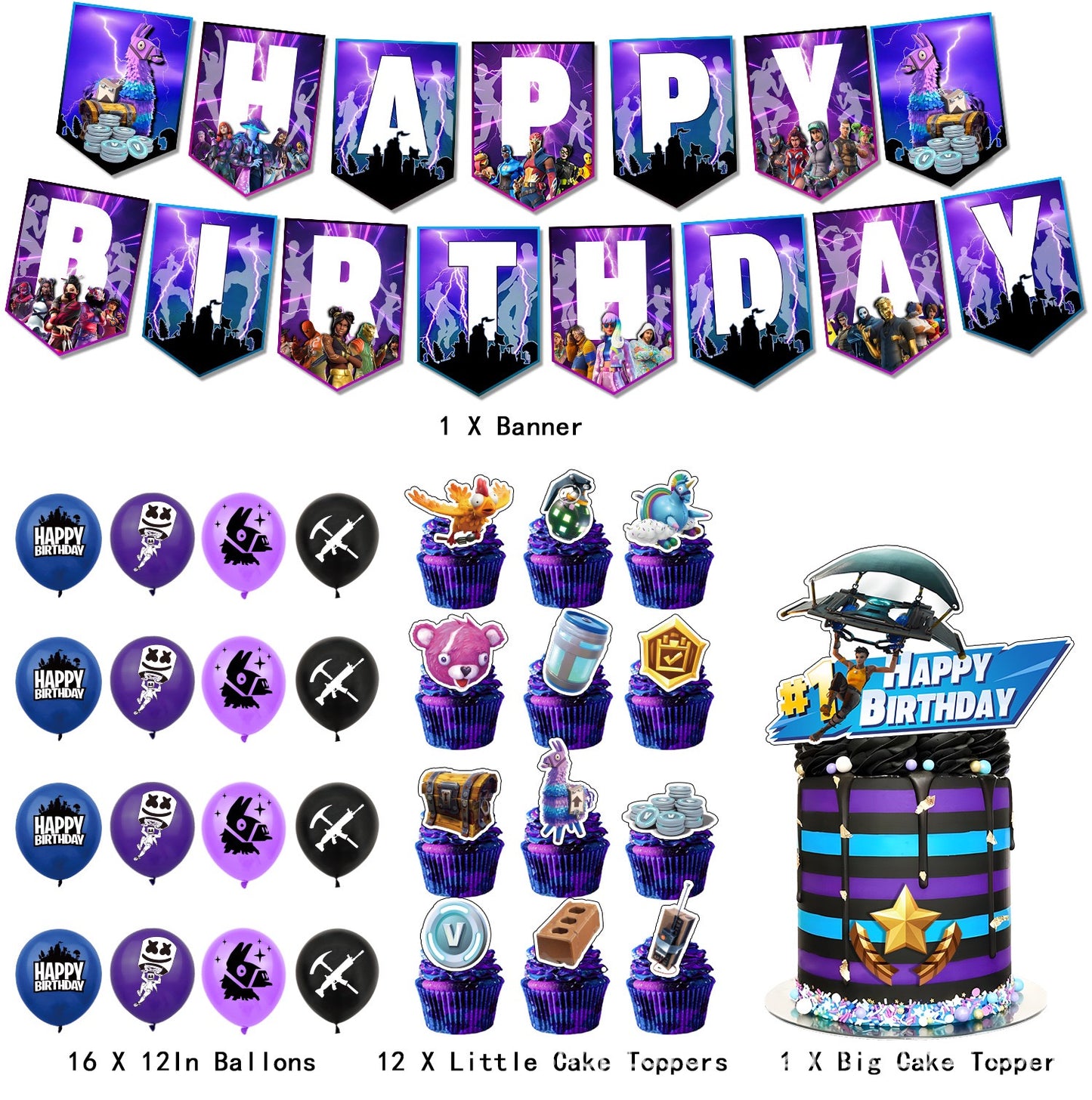 Fortnite Happy Birthday banner Balloons cake topper set 3