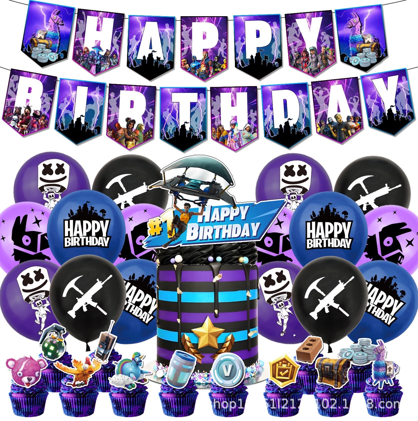 Fortnite Happy Birthday banner Balloons cake topper set 3