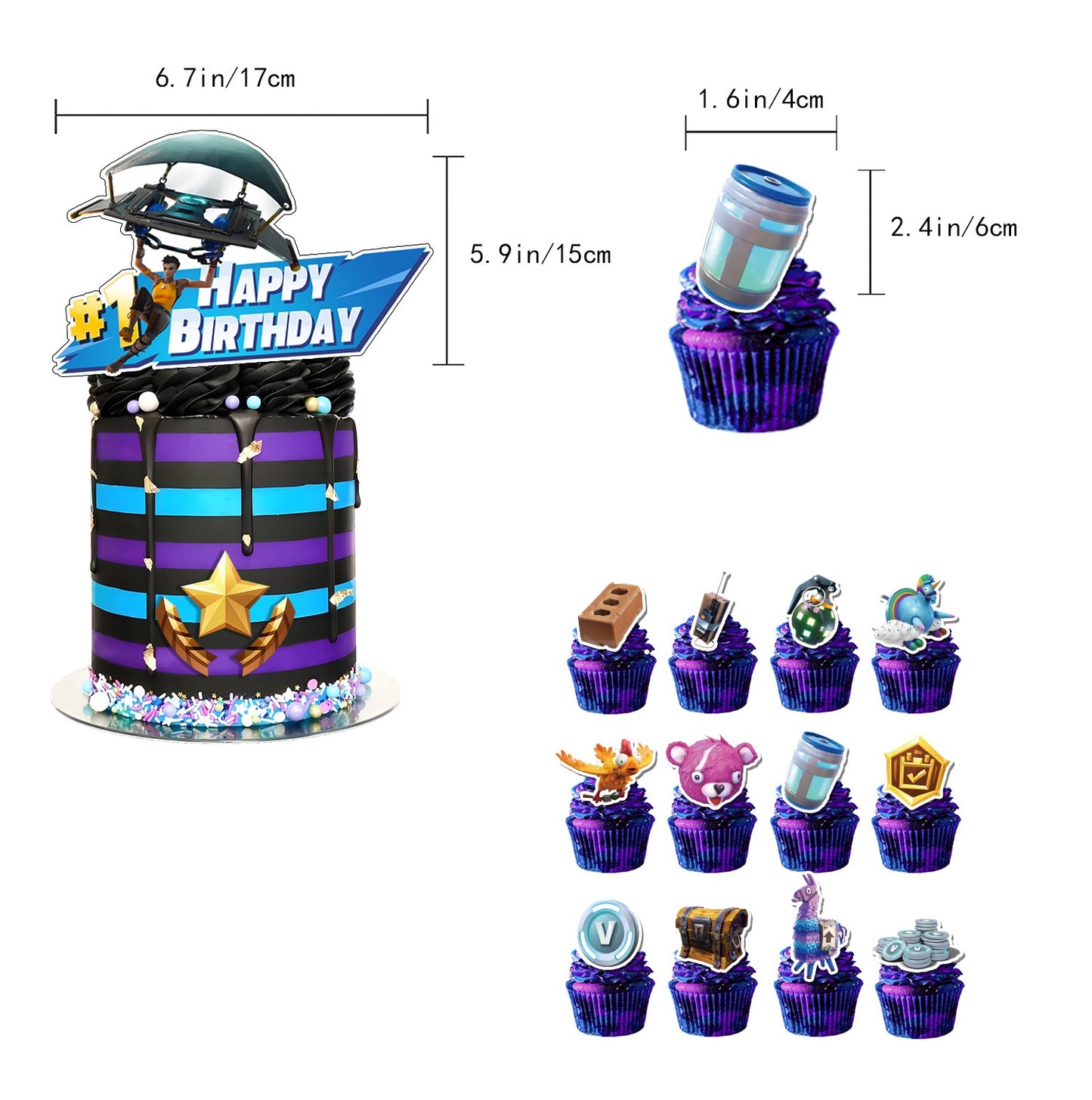 Fortnite Happy Birthday banner Balloons cake topper set 3