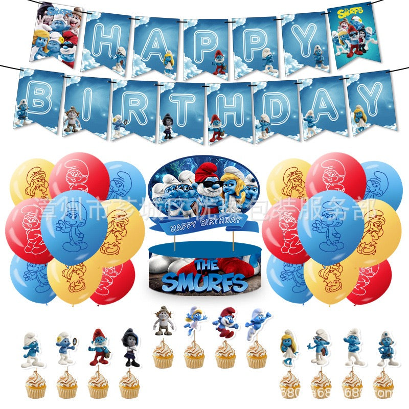 The Smurfs Balloons Happy birthday KIDS banner party decor cake topper