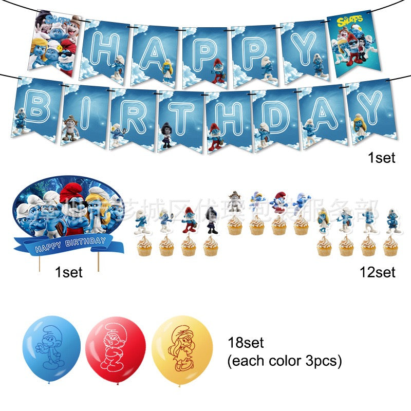 The Smurfs Balloons Happy birthday KIDS banner party decor cake topper