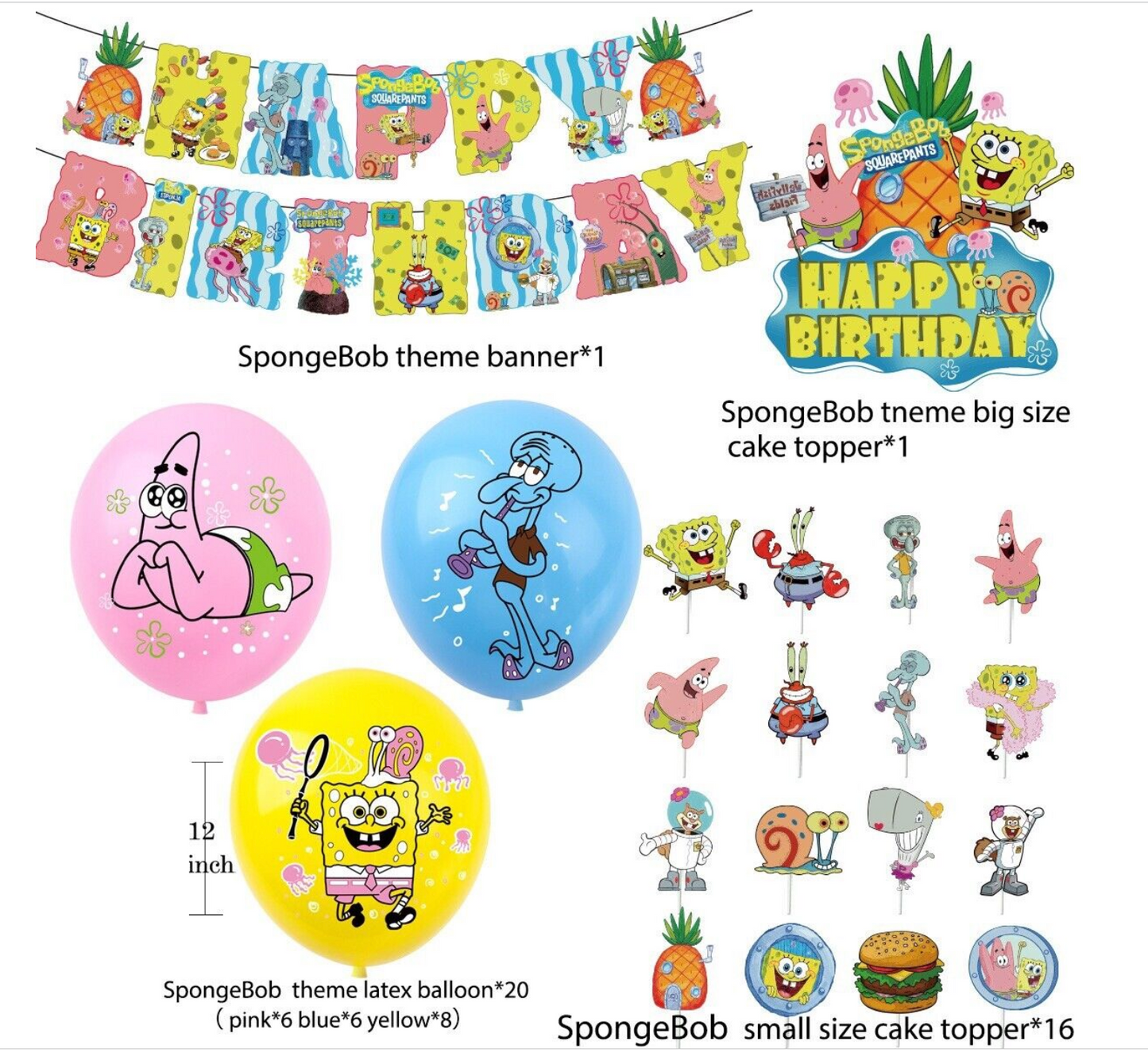 SpongeBob Balloons Happy birthday KIDS banner party decor cake topper