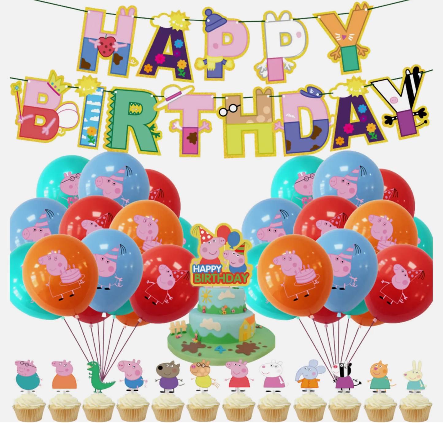 Peppa pig Balloons Happy birthday KIDS banner party decor cake topper 1