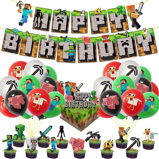 minecraft kids Happy birthday banner balloon party set cake topper fun AU STOCK