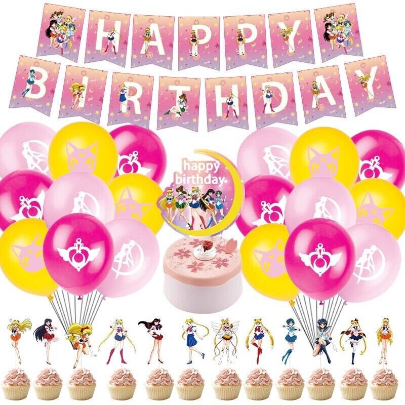 Salor moon balloons happy birthday kids banner party set decor cake topper au