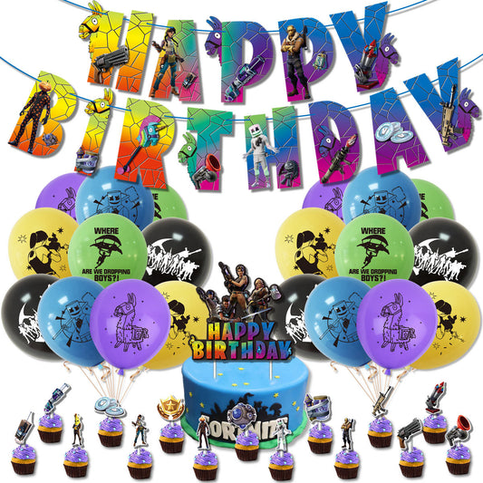 Fortnite3 Happy Birthday banner Balloons cake topper set