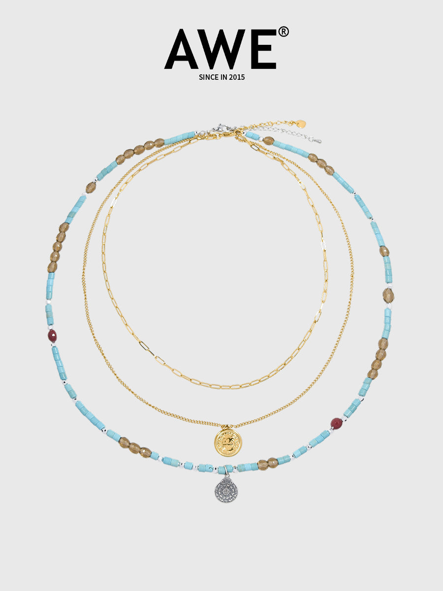 AWE Turquoise Coin Three-layer Overlapping Necklace