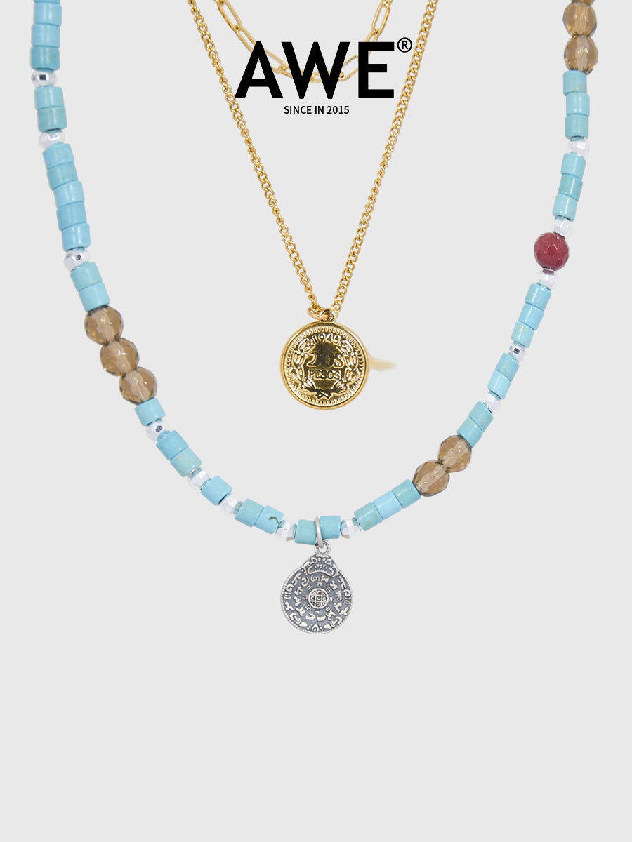 AWE Turquoise Coin Three-layer Overlapping Necklace