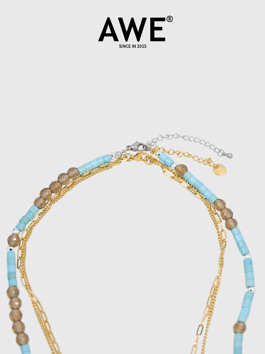 AWE Turquoise Coin Three-layer Overlapping Necklace