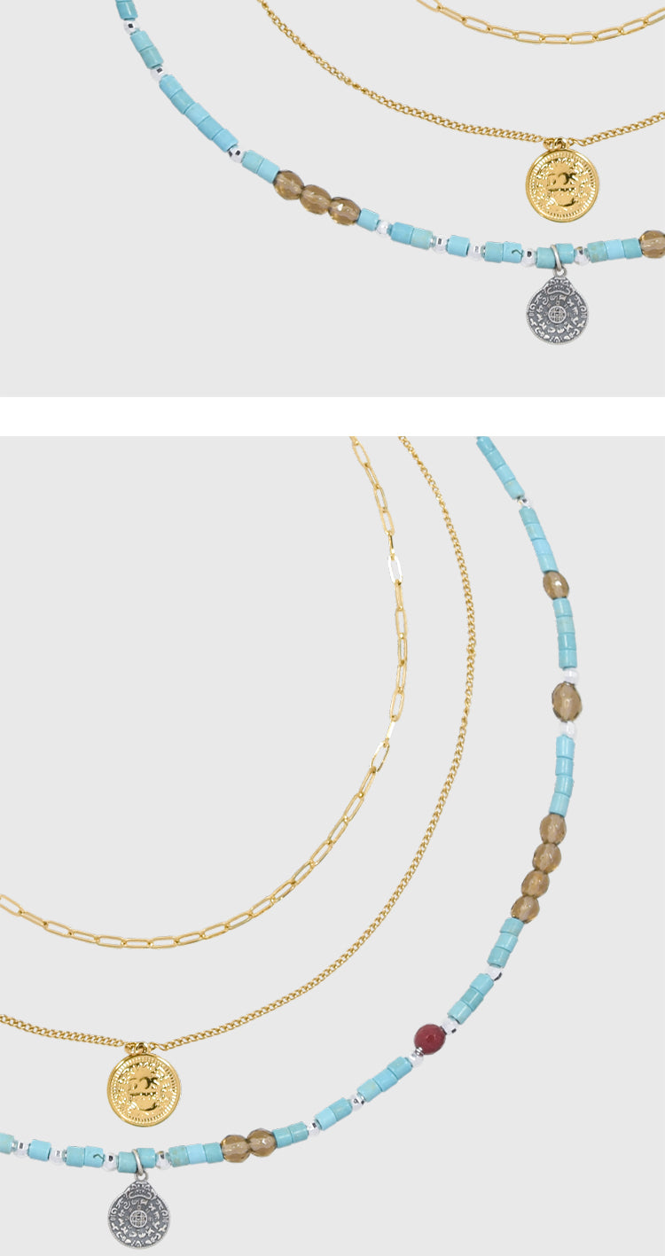 AWE Turquoise Coin Three-layer Overlapping Necklace