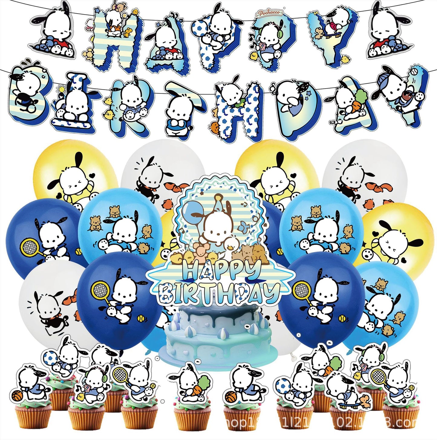 Pochacco Sanrio Balloons Happy birthday KIDS banner party decor cake topper