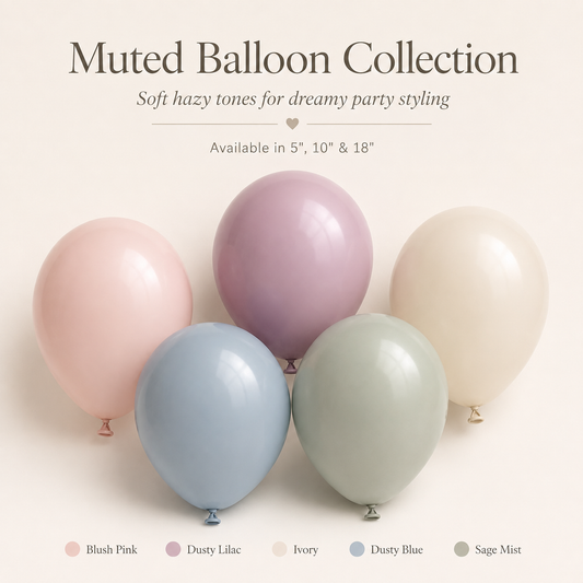Hazy Pastel Balloons | Blush Pink, Dusty Lilac, Dusty Blue, Ivory & Sage Mist | 5", 10" & 18"