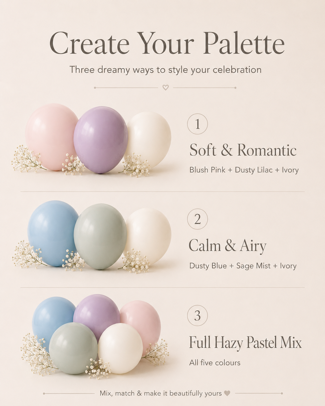 Hazy Pastel Balloons | Blush Pink, Dusty Lilac, Dusty Blue, Ivory & Sage Mist | 5", 10" & 18"