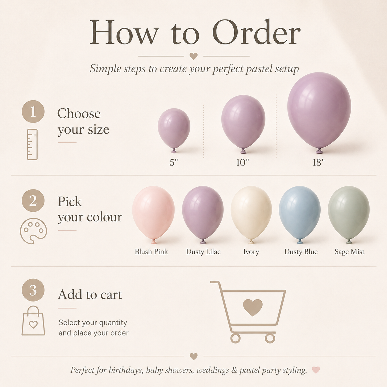 Hazy Pastel Balloons | Blush Pink, Dusty Lilac, Dusty Blue, Ivory & Sage Mist | 5", 10" & 18"