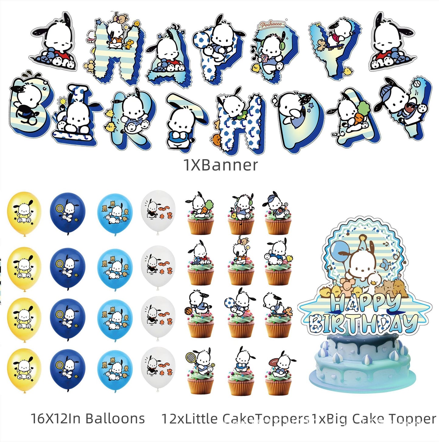 Pochacco Sanrio Balloons Happy birthday KIDS banner party decor cake topper