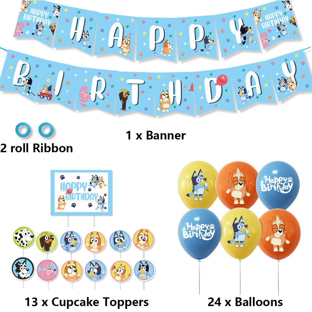 Bingo Bluey Birthday Party Supplies include Banner Cake Topper Balloons