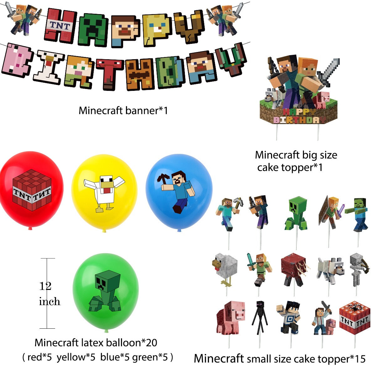 MINECRAFT 2 kids Happy birthday banner balloon party set cake topper fun AU STOCK