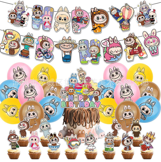 LABUBU1 Balloons Happy birthday KIDS banner party decor cake topper