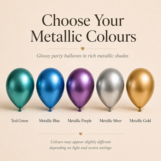 Metallic Latex Balloons | Teal, Blue, Purple, Silver & Gold | 5", 10" & 18"