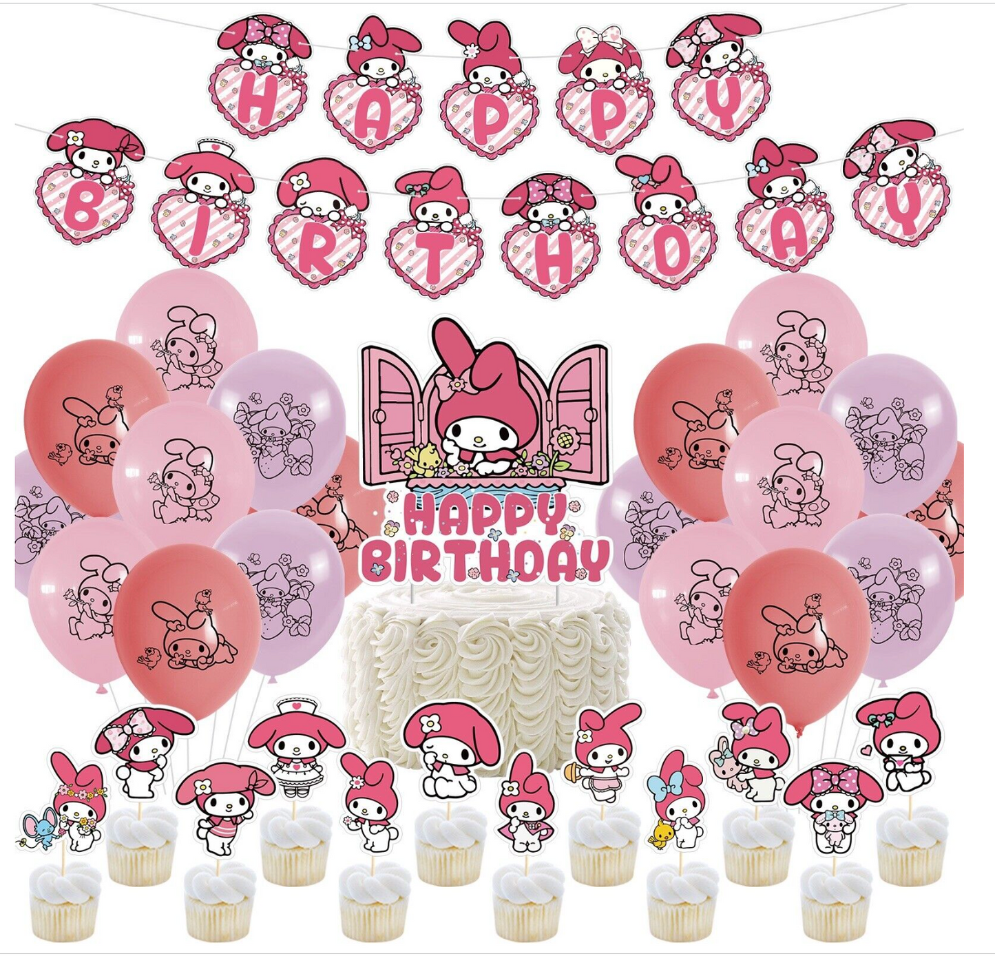 My Melody Balloons Happy birthday KIDS banner party decor cake topper