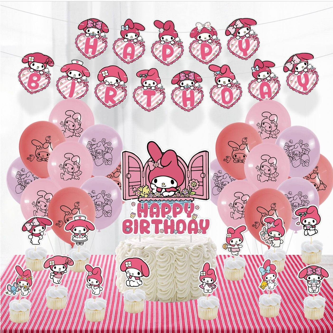 My Melody Balloons Happy birthday KIDS banner party decor cake topper