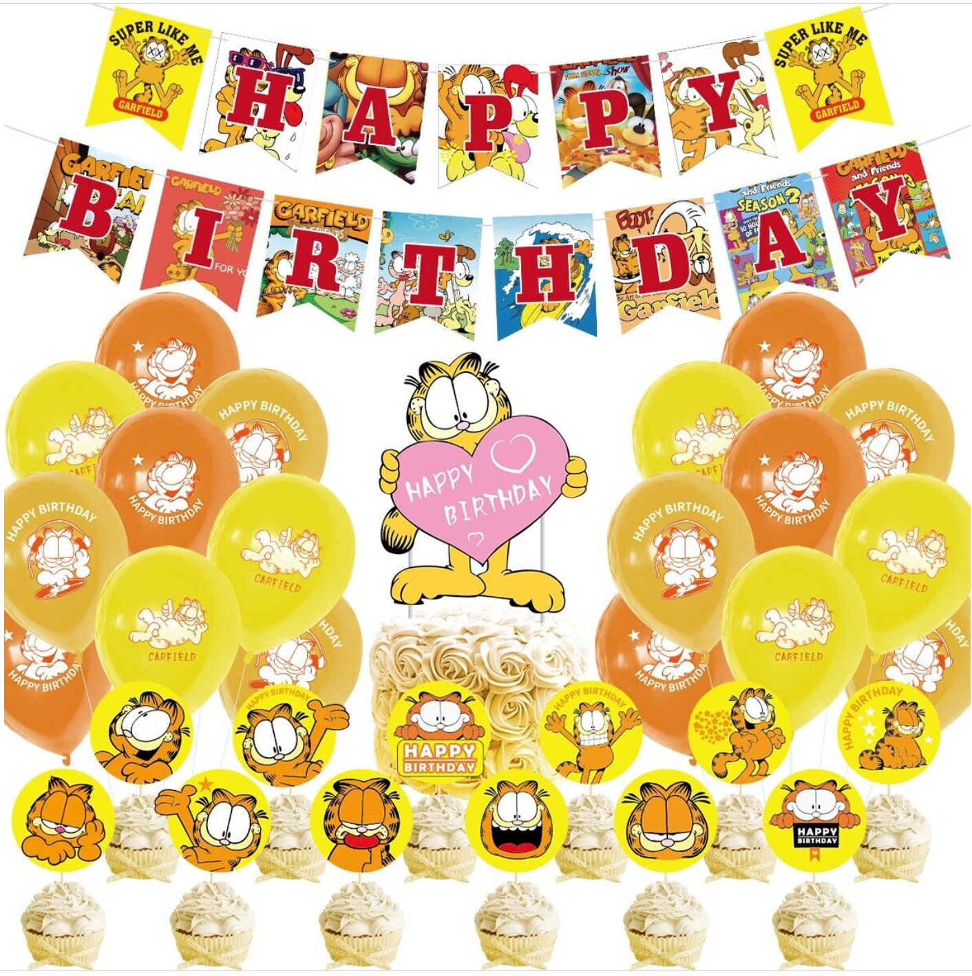 Garfield Balloons Happy birthday KIDS banner party decor cake topper