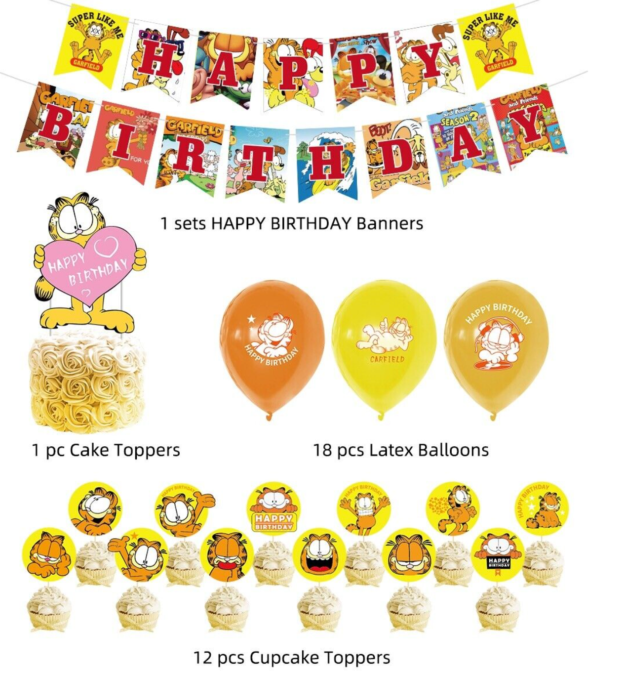 Garfield Balloons Happy birthday KIDS banner party decor cake topper