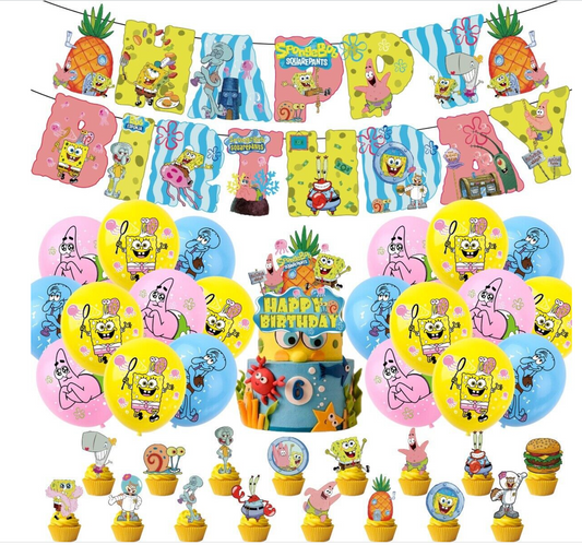 SpongeBob Balloons Happy birthday KIDS banner party decor cake topper