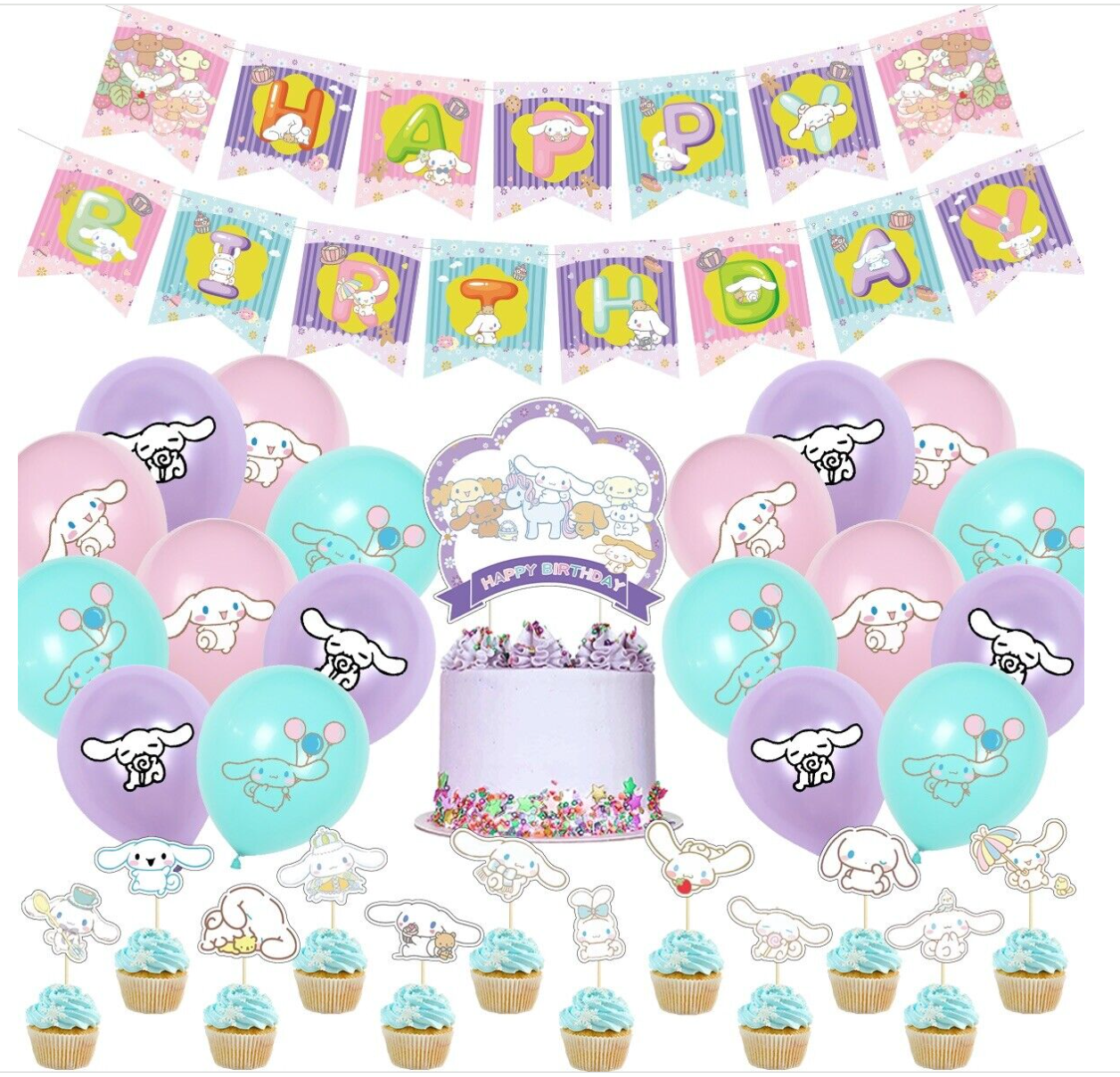 Cinnamoroll Sanrio Balloons Happy birthday KIDS banner party decor cake topper