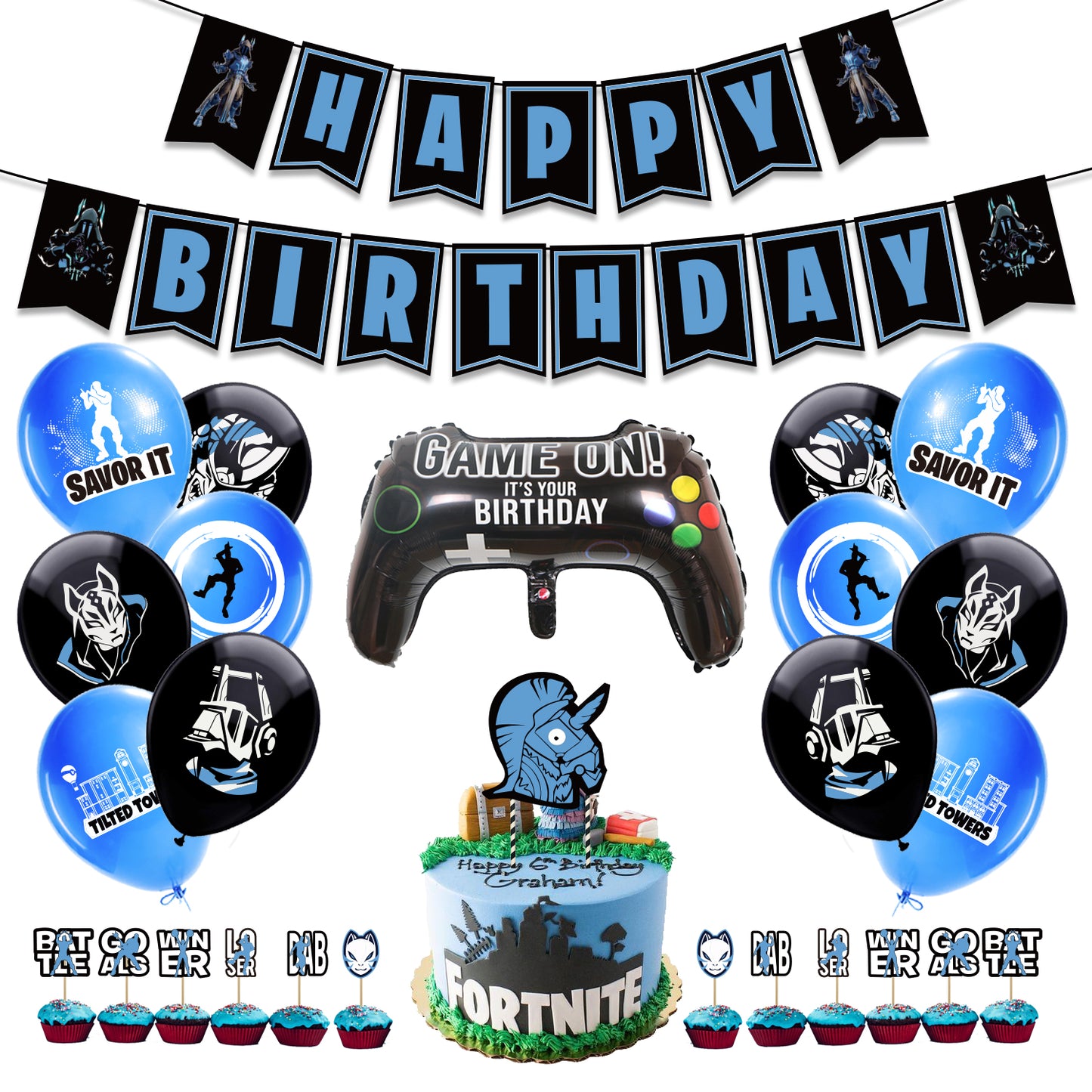 Fortnite Happy Birthday banner Balloons cake topper set