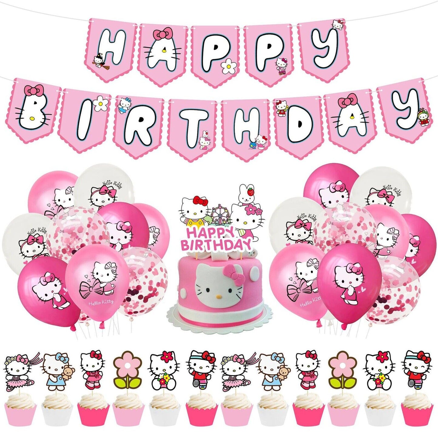 Hello Kitty Balloons Happy birthday KIDS banner party decor cake topper AU STOCK