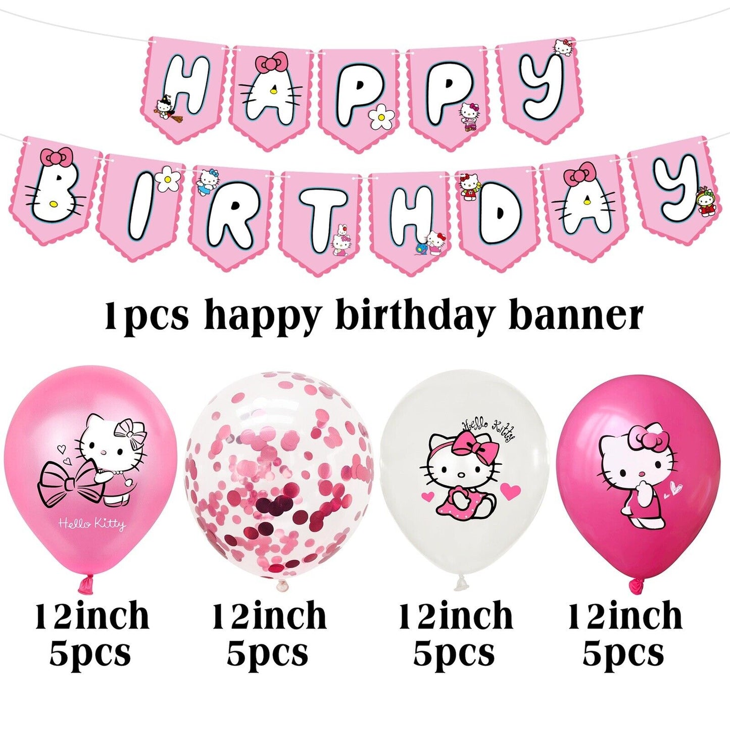 Hello Kitty Balloons Happy birthday KIDS banner party decor cake topper AU STOCK