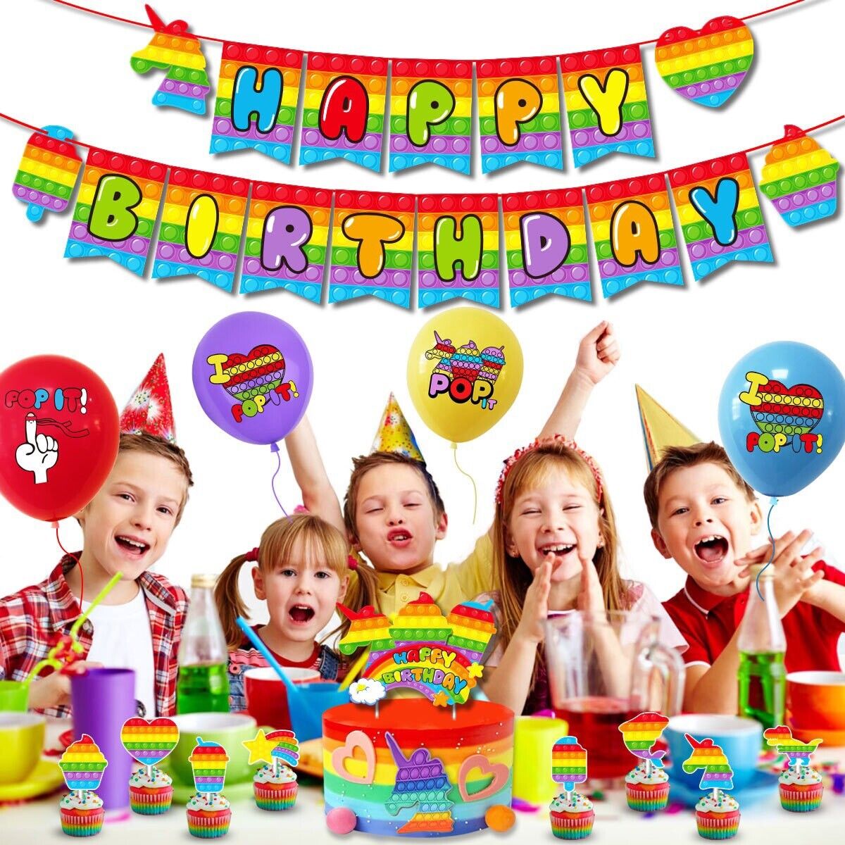 pop it Balloons Happy birthday KIDS banner  party set decor cake topper AU