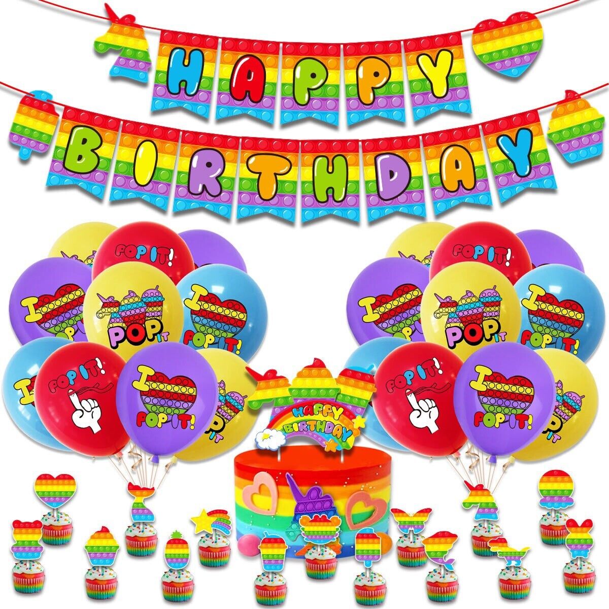 pop it Balloons Happy birthday KIDS banner  party set decor cake topper AU