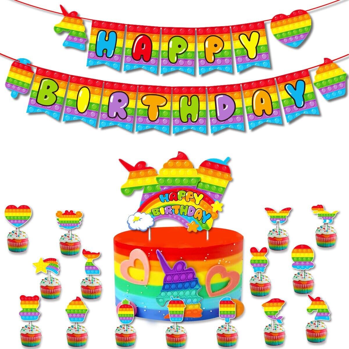 pop it Balloons Happy birthday KIDS banner  party set decor cake topper AU