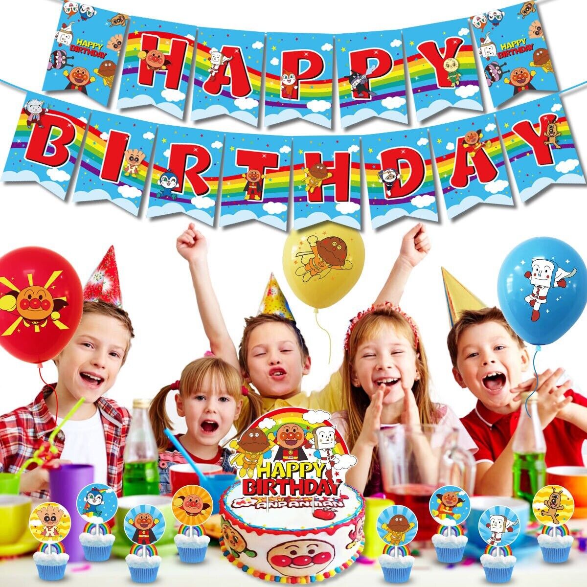 Anpanman Balloons Happy birthday KIDS banner  party set decor cake topper AU