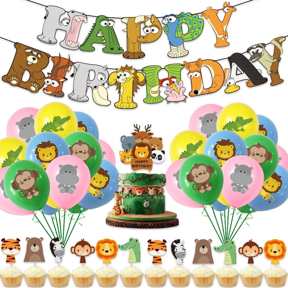 JUNGLE ANIMALS Happy birthday banner balloon party set AU STOCK