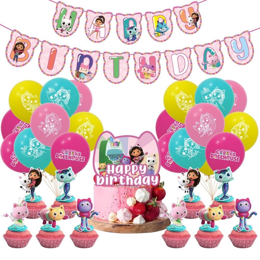 gabby's dollhouse Balloon Happy birthday KID banner  party set decor cake topper