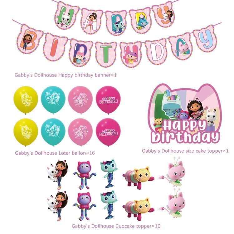 gabby's dollhouse Balloon Happy birthday KID banner  party set decor cake topper