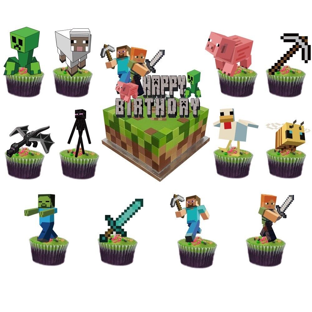 minecraft kids Happy birthday banner balloon party set cake topper fun AU STOCK